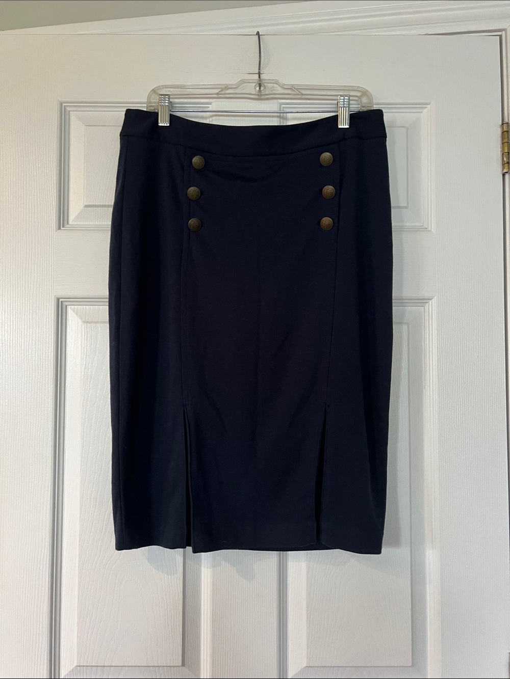 The Limited Navy Pencil Skirt with Brass Accent Buttons